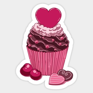 Cute chocolate muffin with a pink heart and cherries Sticker